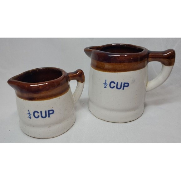 Vintage Set of 2 Stoneware Brown Glaze Measuring Cups 1/2 and 1/4 Cup Preowned - Picture 1 of 12